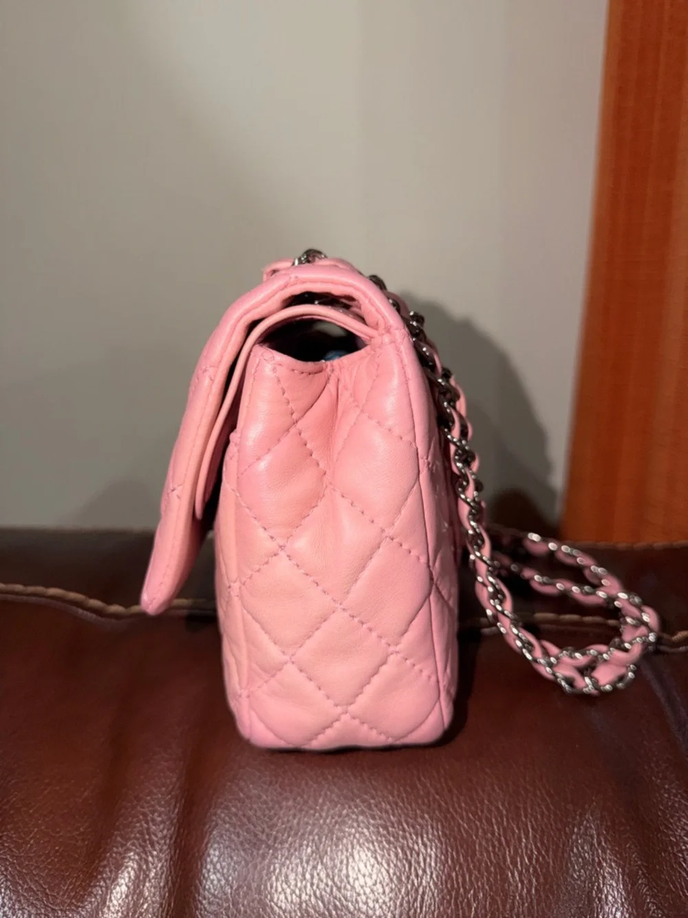 CHANEL Pink Quilted Leather Flap Shoulder Bag with Silver Hardware